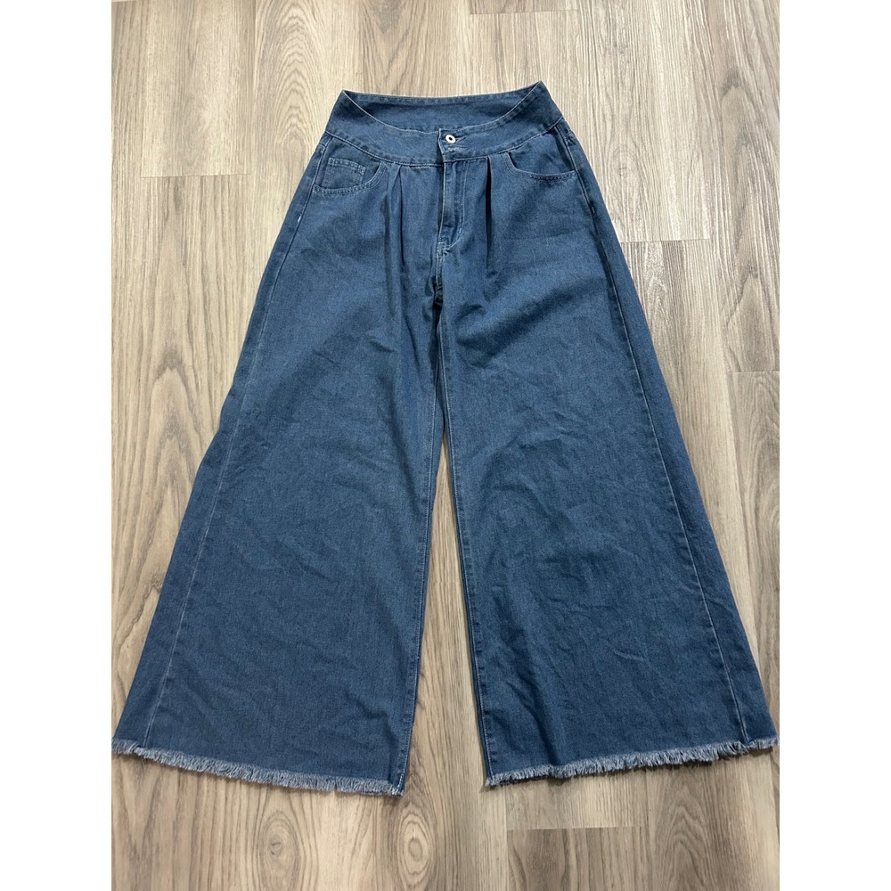 SHEIN Women Medium Wash Wide‎ Leg Pleated High Rise Raw Hem Denim Jeans W28